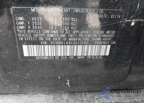 2015 Subaru Legacy 3.6R Limited from USA, damaged, VIN 4S3BNEL64F3011243